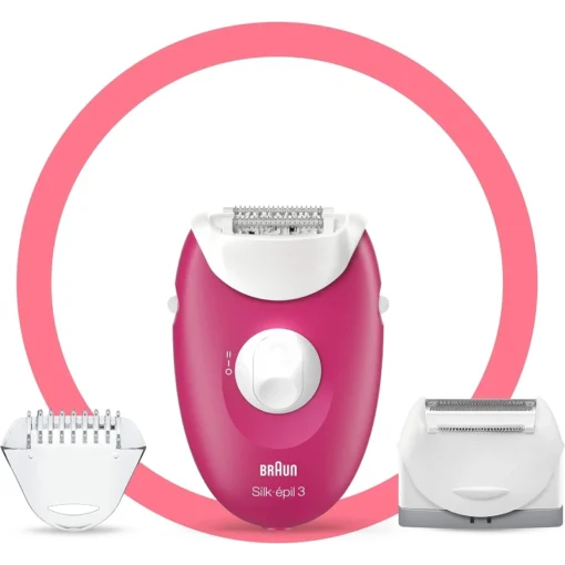 Braun Silk-épil 3 3-410 جهاز ازالة الشعر سيلك ابيل 3، موديل 3-410 من براون، جهاز سلكي لازالة الشعر بلون بينك مع 3 ملحقات اضافية
