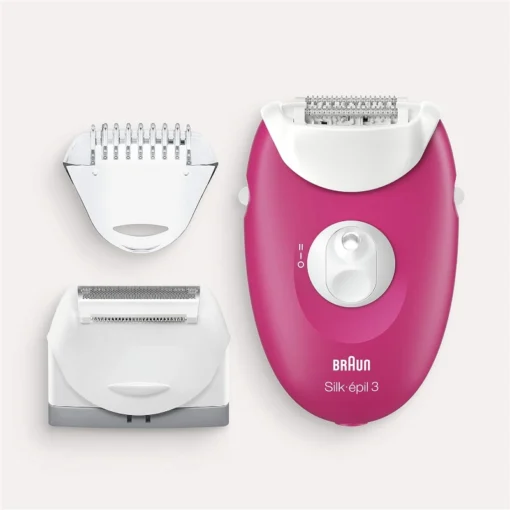 Braun Silk-épil 3 3-410 جهاز ازالة الشعر سيلك ابيل 3، موديل 3-410 من براون، جهاز سلكي لازالة الشعر بلون بينك مع 3 ملحقات اضافية