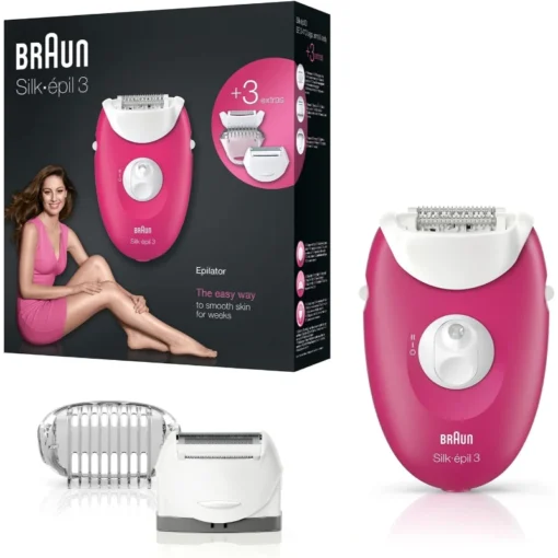 Braun Silk-épil 3 3-410 جهاز ازالة الشعر سيلك ابيل 3، موديل 3-410 من براون، جهاز سلكي لازالة الشعر بلون بينك مع 3 ملحقات اضافية