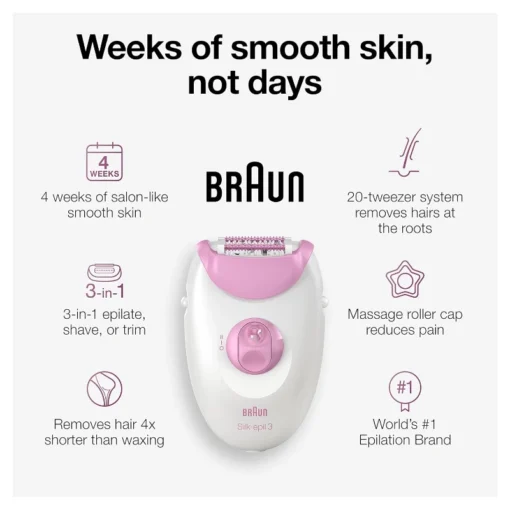 Braun Epilator Silk-epil 3 3-270 آلة سيلكيبيل 3-3270 لإزالة الشعر للنساء من براون، إزالة كهربائية للشعر، مع رأس حلاقة ورأس تحديد ورأس تدليك