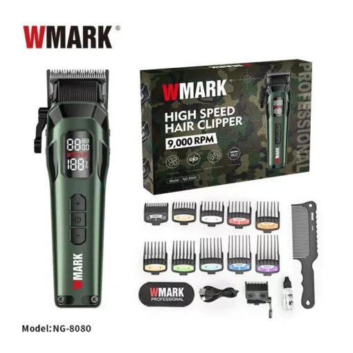 WMARK NG-8080 ماكينة حلاقة احترافية فائقة 7000-9000 دورة في الدقيقة، مجموعة ذات 5 سرعات، شاشة رقمية، 10 مشط توجيه، ذراع تدرج، مجموعة شفرات إضافية، مشط شعر، فرشاة تنظيف، و2 ملصق شعر، مدة تشغيل 300 دقيقة .