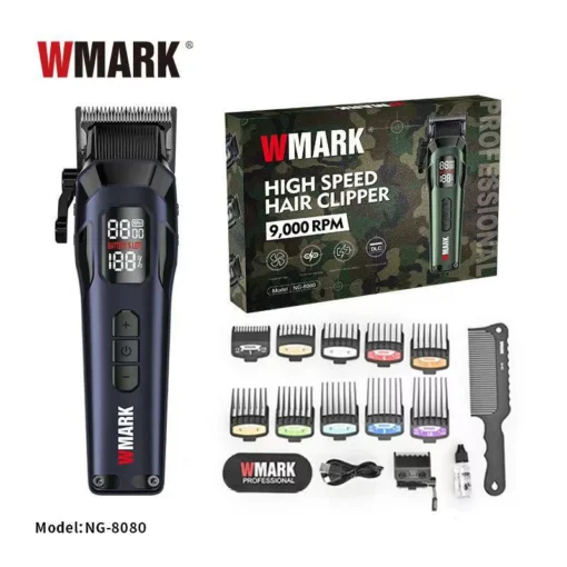 WMARK NG-8080 ماكينة حلاقة احترافية فائقة 7000-9000 دورة في الدقيقة، مجموعة ذات 5 سرعات، شاشة رقمية، 10 مشط توجيه، ذراع تدرج، مجموعة شفرات إضافية، مشط شعر، فرشاة تنظيف، و2 ملصق شعر، مدة تشغيل 300 دقيقة .