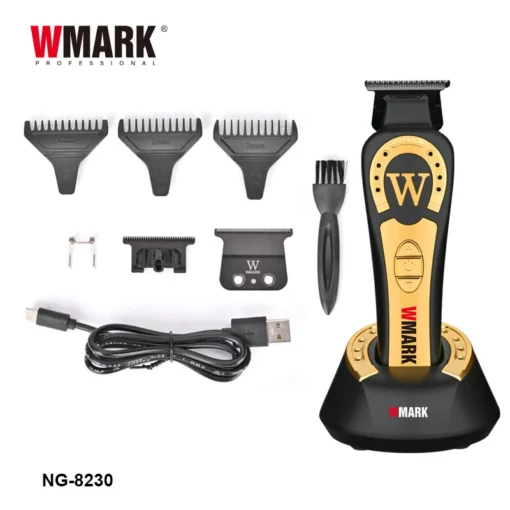 WMARK NG-8230 ماكينة حلاقة احترافية بتقنية T Blade فائقة الجودة، تلاشي صفرية للحلاقين، شكل حلاقة 0 مم، 8 إعدادات سرعة من 7000 إلى 9000 دورة في الدقيقة، مجموعة شفرات احتياطية إضافية، بطارية بسعة 2500 مللي أمبير، 240 دقيقة من الاستخدام، الموديل 34.