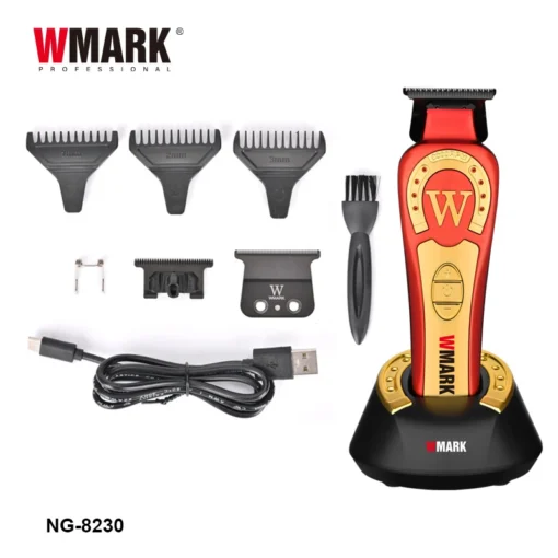 WMARK NG-8230 ماكينة حلاقة احترافية بتقنية T Blade فائقة الجودة، تلاشي صفرية للحلاقين، شكل حلاقة 0 مم، 8 إعدادات سرعة من 7000 إلى 9000 دورة في الدقيقة، مجموعة شفرات احتياطية إضافية، بطارية بسعة 2500 مللي أمبير، 240 دقيقة من الاستخدام، الموديل 34.