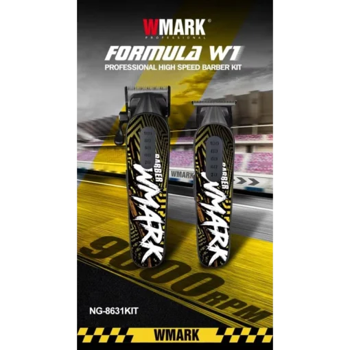 WMARK NG-8631KIT FORMULA W1 ماكينة حلاقة 9000 دورة في الدقيقة وماكينة تشذيب 9000 دورة في الدقيقة، هيكل معدني، إعدادان للسرعة، محرك مغناطيسي، 9 مشط توجيه، تعديلات ذراع تدرج، مدة تشغيل 240 و240 دقيقة .