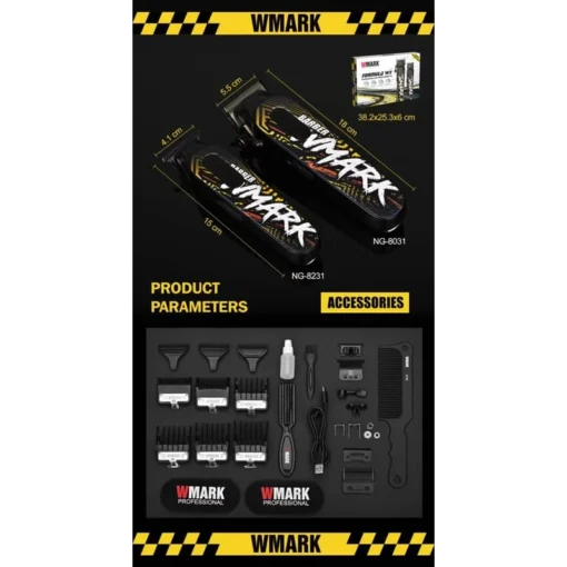 WMARK NG-8631KIT FORMULA W1 ماكينة حلاقة 9000 دورة في الدقيقة وماكينة تشذيب 9000 دورة في الدقيقة، هيكل معدني، إعدادان للسرعة، محرك مغناطيسي، 9 مشط توجيه، تعديلات ذراع تدرج، مدة تشغيل 240 و240 دقيقة .