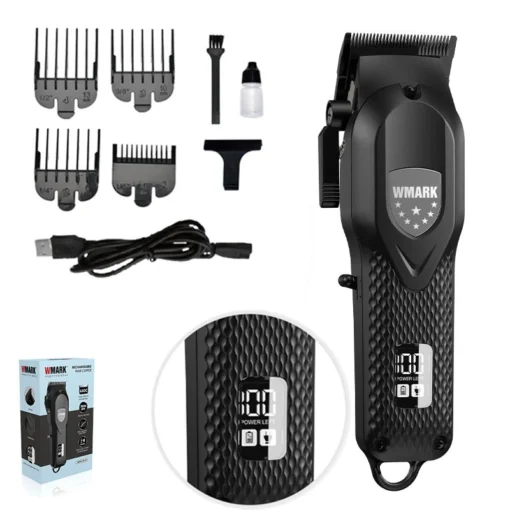 WMARK Men NG-119 ماكينة حلاقة احترافية بدون فجوة، شاشة رقمية، شفرات ذاتية الشحذ، محرك مغناطيسي بسرعة 7000 دورة في الدقيقة، شحن عبر USB، 4 مشط توجيه، ذراع تدرج، زمن تشغيل 240 دقيقة، بطارية 2000 مللي أمبير.