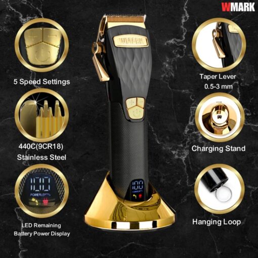 WMARK NG-2032 ماكينة قص شعر احترافية فائقة الجودة، بخمس إعدادات سرعة، عرض رقمي، شفرة 440C 9CR18، محرك مغناطيسي قوي، 8 مشاطات، ذراع تعديل تدرج، قاعدة شحن وحامل، ومدة تشغيل 240 دقيقة.