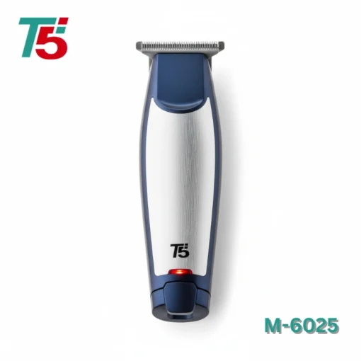 استمتع بحلاقة دقيقة مع ماكينة T5 M-6025 القابلة لإعادة الشحن. تشمل 3 أمشاط للأطوال 1 ملم، 2 ملم، و3 ملم، مع زمن تشغيل يصل إلى 70 دقيقة بعد شحن لمدة 8 ساعات. تتضمن فرشاة تنظيف، زجاجة زيت، وشحن عبر نوعين: شاحن وUSB Type-A، بالإضافة إلى مؤشر شحن أحمر.